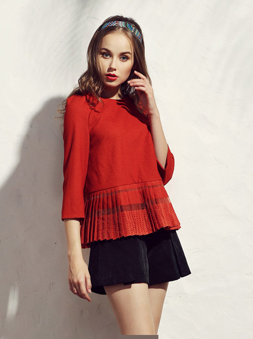 秋装新款雪纺百褶下摆拼接七分袖上衣淑宽松衬衫